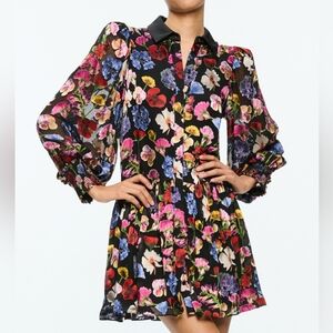 Alice + Olivia Multicolor Floral Long Sleeve BERTHA MINI SHIRT DRESS